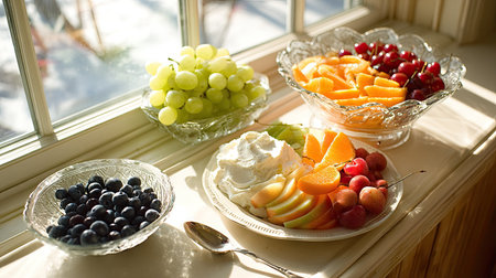 Various fruits are arranged in decorative glass bowls near a window, offering a vibrant display of colors and textures. The composition includes grapes, oranges, blueberries, and raspberries, alongside what appears to be whipped cream. This suggests a healthy snack or dessert, suitable for use in editorial or promotional content.の素材
