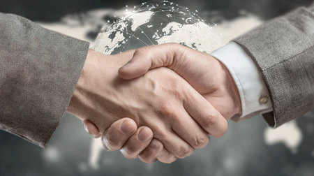 Two businesspeople are shaking hands, a gesture of agreement, set against a blurred world map. The composition features neutral colors, suggesting a professional environment. The image is suitable for illustrating concepts such as partnership, success, and international collaboration for commercial or editorial use.の素材