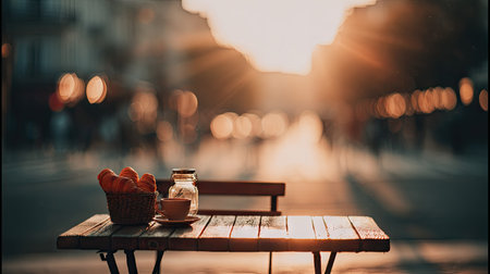 A wooden cafe table is set with croissants, a coffee cup, and sugar jar. The image displays soft, warm lighting, suggesting an outdoor setting during daytime. The blurred background reveals a city street with sunlight, hinting at potential use for lifestyle or travel content. The scene evokes a sense of relaxation and enjoyment.の素材