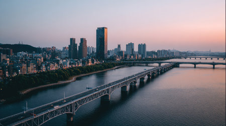 An elevated view shows a cityscape with high-rise buildings and bridges spanning a wide river. The composition features various shades of blue and orange across the sky and water, creating a tranquil environment. This image could be used for travel, urban development, or architectural design concepts.の素材