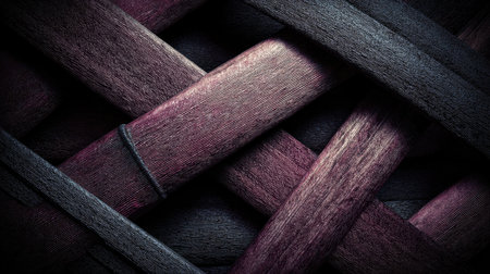 This close-up showcases an intricate pattern of interwoven fibers, displaying a gradient of purple and gray hues. The textures appear rough and natural, with variations in light and shadow that emphasize the three-dimensional quality of the arrangement. Ideal for abstract art, design, and textile-related projects, suitable for various commercial uses.の素材