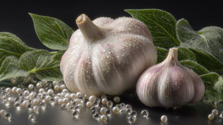Two garlic bulbs are displayed with green leaves on a reflective surface. The image shows small water droplets on the bulbs. This studio shot offers a composition with soft lighting. The scene could be used for culinary, health, or editorial purposes to create appealing visuals.の素材