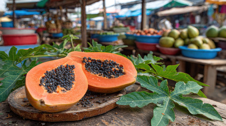 An overhead view showcases a vibrant papaya cut open, displaying orange flesh and black seeds. Green leaves are arranged around the fruit. The composition, likely photographed during daylight, suggests an outdoor market setting with blurry backgrounds of other produce and containers, suitable for commercial applications.の素材