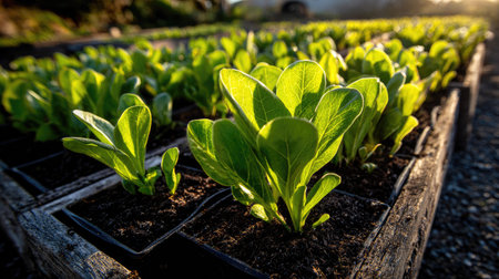 A detailed shot displays young plants flourishing within containers. The image highlights vibrant green leaves and dark soil. Sunlight illuminates the scene, creating highlights and shadows. This visual could be used for illustrating gardening, ecology, or growth concepts in various commercial and editorial projects.の素材