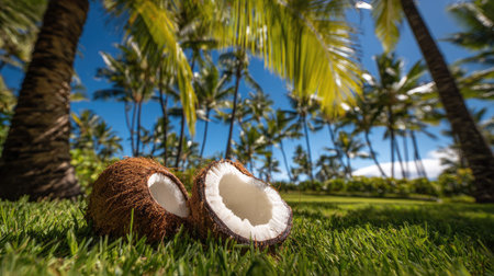 Two coconut halves rest on vibrant green grass, illuminated by bright sunlight. Palm trees fill the background, set against a clear blue sky. The image showcases a natural, outdoor environment and could be suitable for content related to travel, food, or healthy living.の素材