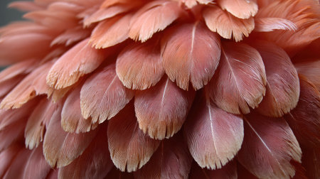 This close-up showcases a layered arrangement of feathers, displaying various shades of peach and cream. The composition highlights the textures and intricate details of each feather. The soft lighting suggests a natural environment, possibly suitable for decorative purposes or creative projects, and commercial applications.の素材