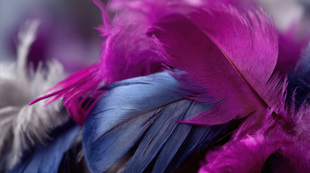 This image features a close-up view of multiple feathers, showcasing a range of colors including vibrant purple, blue, and gray. The composition emphasizes texture and detail, with soft lighting enhancing the delicate structure of the feathers. It could be suitable for various editorial or commercial applications.の素材