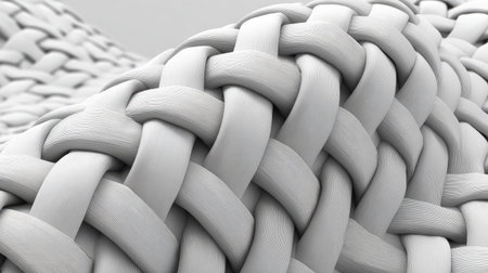 The image showcases a macro view of interwoven threads creating a textile surface. The texture exhibits a clean, white color palette with strong light and shadow contrast, suggesting a 3D effect. This design can be used for diverse commercial applications, from textile design to digital backgrounds. The image highlights the detail in the weaved material.の素材