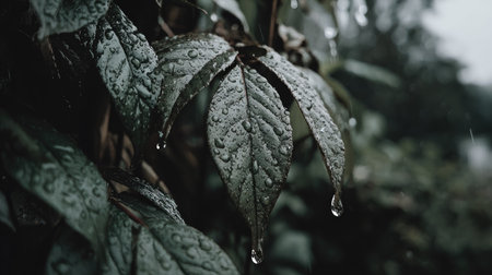 This image showcases detailed wet leaves, emphasizing water droplets. The leaves display textured surfaces and natural green hues, set against a soft, out-of-focus backdrop. Ideal for various commercial applications requiring natural elements and organic textures. It can be used in designs promoting tranquility or showcasing the beauty of nature.の素材