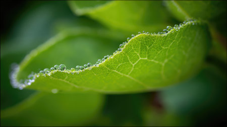 A detailed view presents a fresh green leaf, showcasing intricate veins and water droplets along the edge. The image highlights the leaf's texture and vibrant green color against a blurred background, suggesting a natural outdoor setting. This visual could be used for nature-related articles or ecological content.の素材