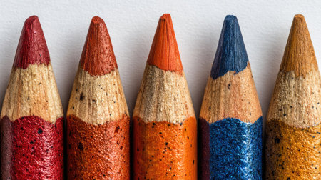 A close-up showcases five colored pencils aligned. The pencils, each with a different hue, exhibit rough, textured surfaces with various shades of brown, red, orange, and blue. The composition suggests a simple, uncluttered background, ideal for educational, design, or creative projects and resources.の素材