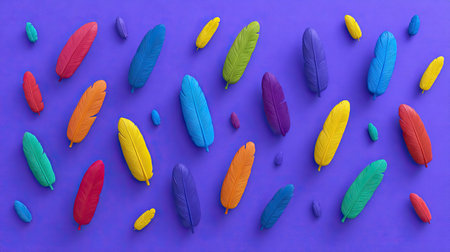 An overhead view reveals a vibrant array of stylized feathers against a solid purple backdrop. The feathers showcase a spectrum of colors, including red, orange, yellow, green, blue, and purple. The composition presents a flat, graphic style with soft lighting, suitable for various design projects and commercial applications.の素材