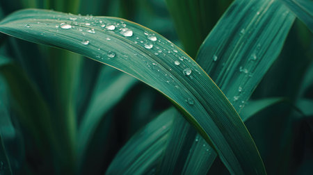 This image features detailed close-up of green leaves adorned with water droplets. The texture of the leaves and the transparency of the water droplets create a visually appealing composition. The soft lighting suggests an outdoor environment, possibly after rainfall, ideal for illustrating concepts related to nature and freshness for various commercial purposes.の素材