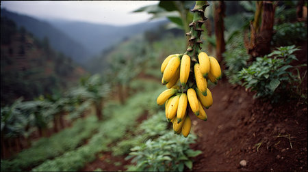 A close-up showcases a bunch of yellow bananas suspended from a plant. The image features a natural setting with a blurred background of terraced fields and hills. The composition utilizes natural lighting, suggesting an outdoor environment. This scene could be used for editorial or commercial applications.の素材