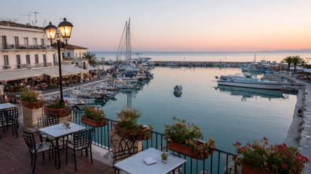 This image depicts a harbor filled with boats and yachts under a serene evening sky. Buildings line the shore with restaurants featuring outdoor seating. The composition showcases a calm water surface reflecting the colors of sunset, creating a sense of tranquility. Potential applications include travel brochures, editorial content, and promotional material.の素材