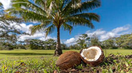 A close-up shows a halved coconut beside a whole one, set on a grassy area. A palm tree and clear blue sky create a natural backdrop. The composition suggests a tropical setting with bright sunlight. The image is suitable for various commercial and editorial uses.の素材