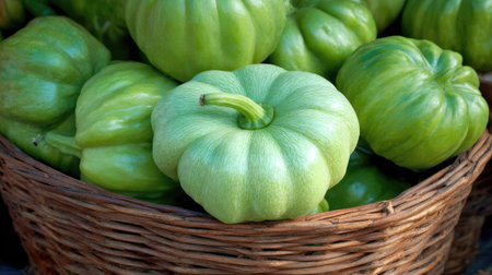 A basket overflows with vibrant green tomatillos, displaying a textured surface and a natural aesthetic. The image showcases a close-up view, possibly under natural light, highlighting the shapes and colors. It could be used to illustrate healthy eating, agricultural products, or for editorial content about produce.の素材
