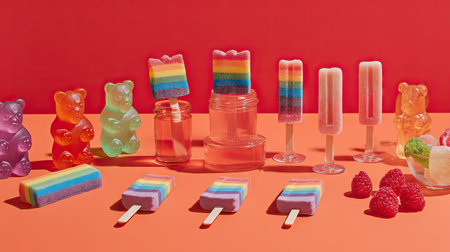 This image presents a vibrant collection of gummy bears and popsicles in multiple colors. The composition features an orange backdrop, with the subjects arranged for visual appeal. The style appears bright, possibly suitable for advertising or marketing campaigns. It could also be used for editorial content related to treats.の素材