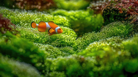 A vibrant image captures a clownfish navigating through lush green coral. The composition showcases a close-up view, highlighting the orange and white markings of the fish against the textured, bright coral backdrop. This visually appealing scene suggests potential uses for aquatic life illustrations and nature-themed projects.の素材