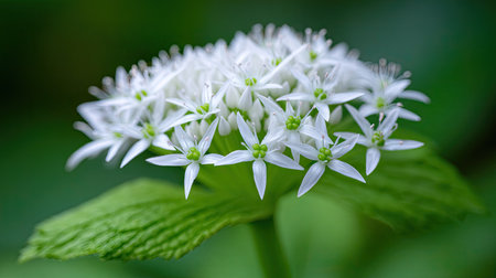 A cluster of small, white flowers sits atop green leaves, captured in a close-up view. The composition highlights the intricate floral details with a soft focus. The blurred background suggests an outdoor environment, possibly a garden, offering potential for various commercial and editorial uses.の素材