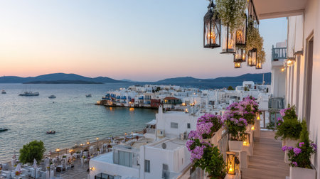 A scenic coastal vista showcases a balcony decorated with hanging lanterns, vibrant flowers, and potted plants. The composition is bathed in the warm hues of sunset, with a soft, diffused light illuminating the landscape. The image could be used for travel, hospitality, or lifestyle related content.の素材