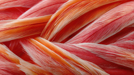 This close-up showcases a collection of feathers displaying shades of red and orange. The textures appear interwoven, creating a dynamic visual effect. The image is characterized by soft lighting, highlighting the fine details and silky appearance of the feathers, suitable for various design applications.の素材