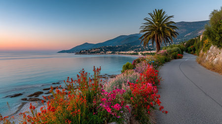 A scenic coastal image features a road winding along a shore, vibrant flowers, and a palm tree. The sea stretches towards the horizon under a colorful sky. The scene is bathed in soft, warm light creating a serene ambiance, suitable for travel, environment and nature-related projects.の素材