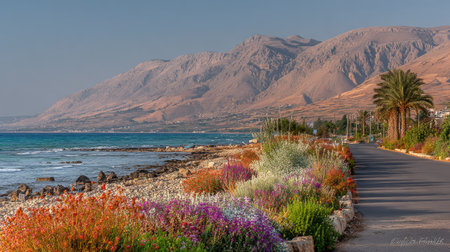 A scenic coastal road presents a view of the ocean and mountains. The image features a vibrant array of flowers and lush vegetation. Warm lighting and a clear sky suggest a daytime setting. Potential uses include travel, tourism, environmental, and landscape illustrations, as well as general editorial content.の素材