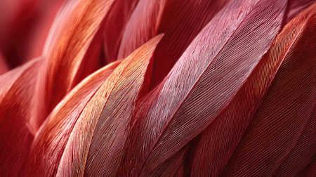 This image displays a close-up view of several feathers, showcasing varying shades of red and pink. The texture of the feathers is visible, with fine details and soft edges. The composition highlights the interplay of light and shadow. Suitable for a variety of design and editorial applications, the image offers visual interest.の素材