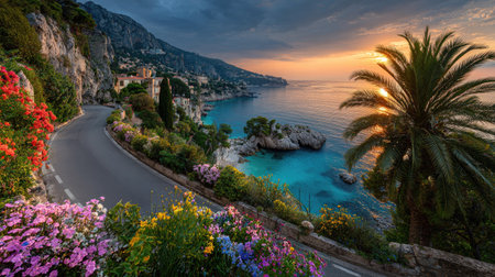 An overhead view shows a coastal road hugging the shoreline, revealing turquoise waters. A vibrant sunset paints the sky with golden hues. Lush vegetation and colorful flowers adorn the cliffs, creating a picturesque composition. Suitable for travel, tourism, and landscape-themed content.の素材