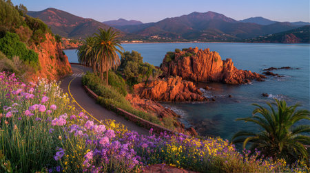 A scenic view showcases a coastal road traversing a mountainous region. Vibrant flowers line the foreground, while the road curves along the coastline. The composition features natural elements, with a mix of textures, and the clear light suggests outdoor usage. This image could be used for travel, tourism, or environmental purposes.の素材