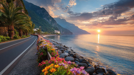 A scenic coastal road winds alongside a tranquil ocean. The composition features vibrant flowers, palm trees, and a rocky shoreline. The sunset casts a warm glow on the water, creating a serene and picturesque environment. Suitable for travel, tourism, and nature-related projects.の素材