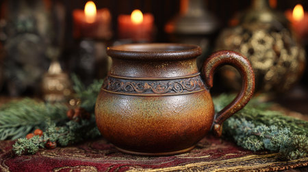 A close-up showcases a detailed ceramic mug, featuring a warm color palette and textured surface. The design includes engraved patterns, and the composition is enhanced by soft, blurred lighting. Hints of surrounding decor suggest an indoor setting. Suitable for illustrating articles related to lifestyle, home decor, or culinary themes.の素材