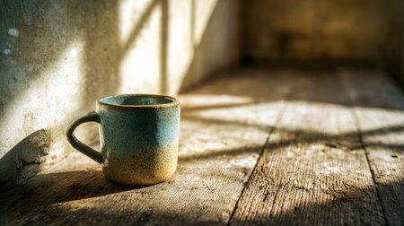 A ceramic mug, exhibiting a gradient of blue and yellow hues, rests on a weathered wooden surface. Strong sunlight casts dramatic shadows, highlighting the textures of the aged wood. The composition emphasizes the interplay of light and shadow, suitable for various commercial applications.の素材