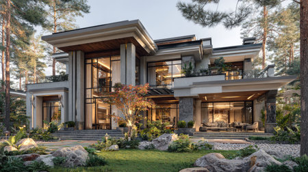 A modern two-story house features large windows reflecting an exterior scene. The architecture presents clean lines and a contemporary design. The image showcases natural light, stone accents, and a landscape of trees and plants, suitable for architectural or real estate presentations.の素材