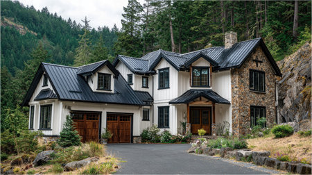 A large, multi-story house is presented, showcasing architectural detail with a stone and wood facade. It features a black roof and numerous windows. The composition is taken during daylight and features a driveway. Ideal for commercial or editorial applications, this image illustrates modern residential design.の素材