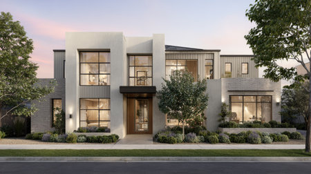 An exterior shot presents a contemporary home with clean lines and a minimalist aesthetic. The facade features light-colored walls, large windows, and a welcoming entrance. Lush landscaping and trees frame the structure under soft daylight. Ideal for architectural or real estate marketing materials and visual content.の素材