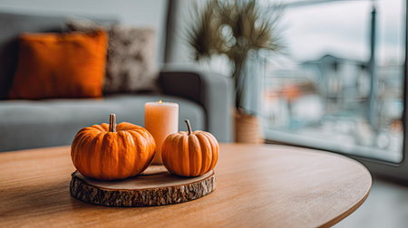 Two pumpkins and a candle sit on a wooden table. The pumpkins are orange, with the candle glowing. The scene is framed by a blurred backdrop of a couch, pillows, and a window. The composition suggests a warm, inviting atmosphere suitable for seasonal themes and decorative purposes.の素材
