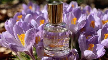 A glass perfume bottle sits amidst a cluster of purple crocus blossoms, featuring yellow stamens. The composition uses a close-up perspective with soft lighting and natural colors, suggesting a springtime setting. This image is suitable for use in beauty, fragrance, and cosmetic marketing campaigns.の素材