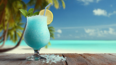 A vibrant blue cocktail with ice and a lemon slice sits on a wooden surface. The drink is garnished with fresh mint, set against a backdrop of a sandy beach, ocean, and blue sky with blurred palm trees. This image could be used for advertisements, editorial content, or travel brochures.の素材