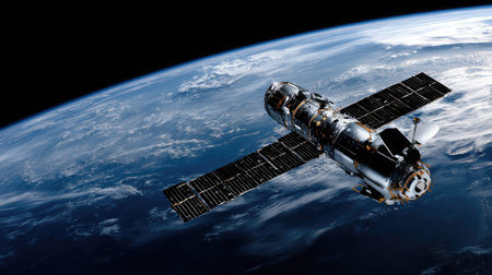 A detailed view showcases a satellite in space with solar panels deployed, set against the backdrop of Earth. The composition highlights the curvature of the planet, with a gradient of blue and white hues. This image is suitable for illustrating concepts of space exploration, technology, and global communication.の素材