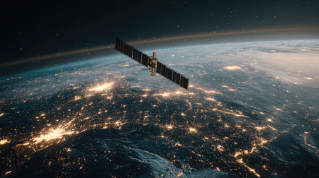 A satellite is depicted in orbit above a planet, showcasing illuminated city lights against the backdrop of space. The scene features a dark expanse with the planet's curvature and a network of lights. The image could be used in various commercial and editorial projects to illustrate technology or space exploration.の素材