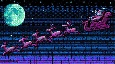 The image depicts Santa Claus riding a sleigh pulled by reindeer against a night sky backdrop. The scene features a pixelated aesthetic with shades of purple and blue, including a full moon. This visual could be suitable for holiday-themed illustrations, seasonal marketing materials, or editorial content.の素材