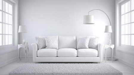 A modern living room showcases a bright white sofa, two side tables with lamps, and a rug. The scene is filled with soft, diffused light, possibly indicating a daytime setting. This serene, minimalist space could be utilized for various interior design, lifestyle, or advertising projects.の素材