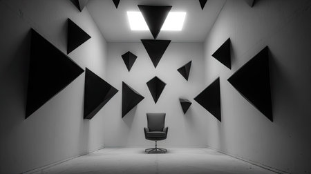 A contemporary interior presents a minimalist design with black triangular shapes adorning the walls. A single chair sits in the center, illuminated by overhead lighting. The composition features monochrome tones, creating a sense of balance suitable for architectural or design-related projects and various commercial purposes.の素材