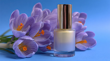 A silver nail polish bottle stands beside a bouquet of purple crocus flowers, set against a vibrant blue backdrop. The composition features natural light and soft textures, highlighting the delicate petals and reflective surface of the bottle. This image may be used for cosmetic advertising or editorial content.の素材