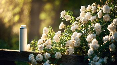 A metallic bottle sits on a wooden surface near vibrant white roses. Soft sunlight bathes the scene, highlighting the textures and colors. The composition suggests a natural setting, perhaps a garden. This image could be used for various commercial and illustrative purposes.の素材