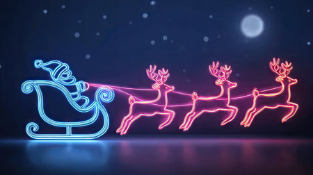 A neon illustration depicts Santa Claus in his sleigh, pulled by reindeer against a dark blue night sky. The artwork features bright, glowing lines creating the figures. The image suggests a winter holiday theme, potentially suitable for seasonal advertising or decorative purposes. The composition includes a full moon.の素材