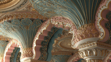 An image presents ornate ceiling architectural elements with detailed carvings. The composition features a repeating pattern of archways and decorative moldings. Soft color palette with pastel hues creates a visually pleasing atmosphere. This could be used for editorial projects or design purposes.の素材