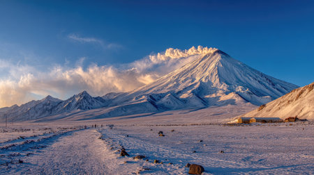 A majestic mountain peak rises prominently, blanketed in pristine white snow, contrasted against a vivid blue sky. The landscape features a snow-covered valley with a pathway leading towards the mountain. The scene evokes a sense of cold and the photograph could be used for travel, nature, or environmental content.の素材